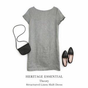 Theory Structured T Twill Linen Short Sleeve Midi Shift Dress Gray Size L Lined